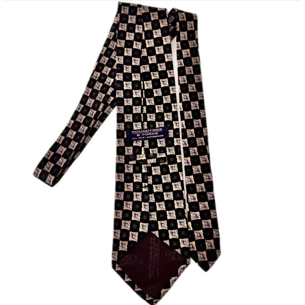 VTG Roundtree & Yorke Necktie Men Black Blue Gold Geometric Silk Handmade in USA